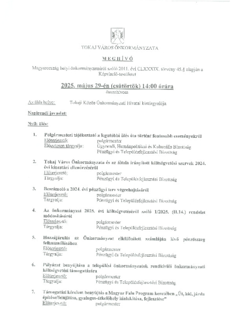 2025.05.29. képviselő-testületi ülés meghívója és előterjesztései