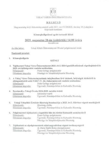 Meghívó képviselő-testületi ülésre 2025.08.28. 