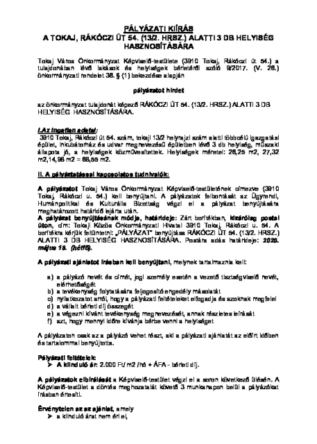 pályázati kiírás helyiségbérletre RÁKÓCZI ÚT 54. (13_2. HRSZ.) ALATTI 3 DB HELYISÉG HASZNOSÍTÁSÁRA